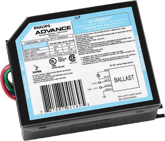 Advance e-Vision® IMH70GLFM Electronic HID Fixed Output Metal Halide Ballast, HID Metal Halide Lamp, 70 W Lamp, 120 to 277 V AC, Pulse, 1 Ballast Factor - Metal Halide Ballasts