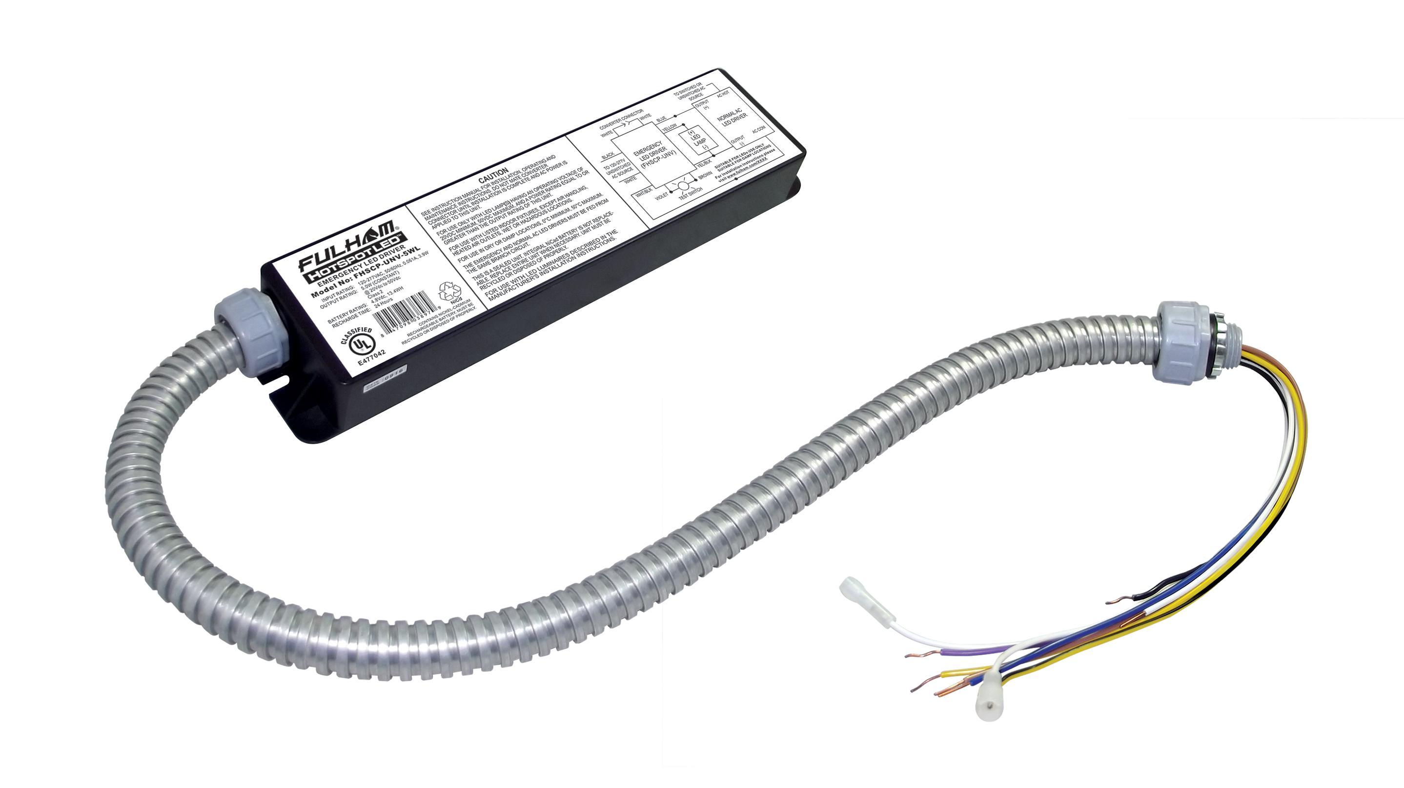 FULHAM® FireHorse™ HotSpot LED™ FHSCPUNV5WL Constant Power Electronic Emergency LED Driver, 120 to 277 VAC Input, 20 to 50 VDC Output, 5 W, 11.46 in L x 2.63 in W - LED Drivers