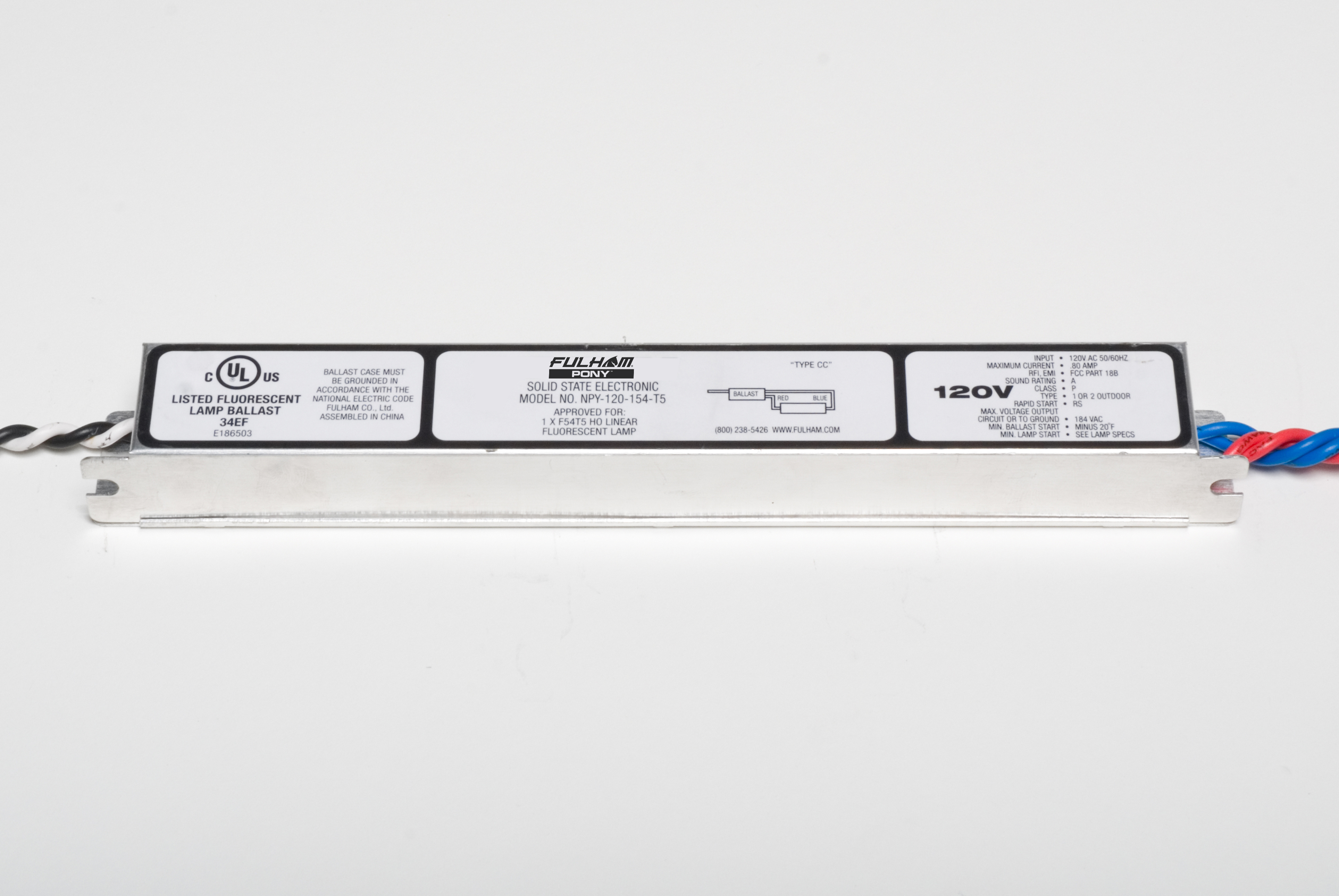 FULHAM® PONY™ NPY-120-154-T5 High Frequency Electronic Fluorescent Ballast, F54T5HO Lamp, 120 V AC, Rapid, 0.999 Ballast Factor - Electronic Fluorescent Ballasts