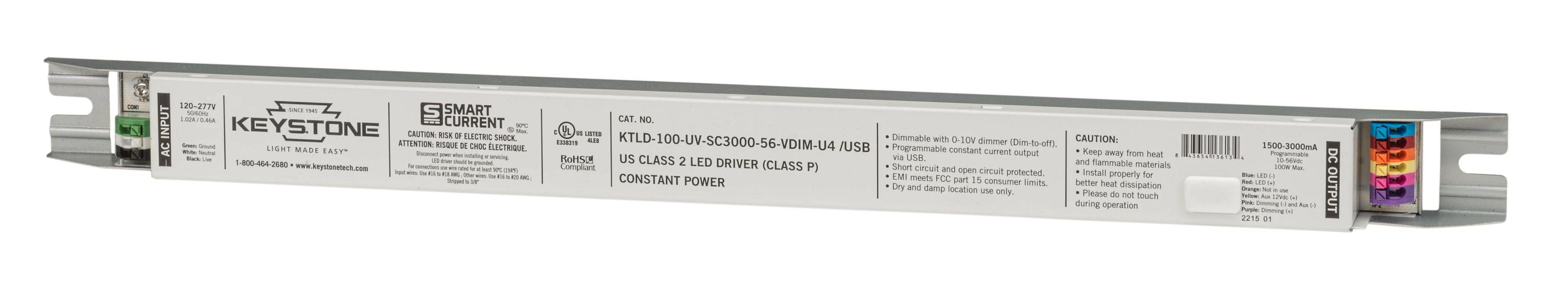 Keystone Technologies KTLD-100-UV-SC3000-56-VDIM-U4 /USB Driver, 120 to 277 V Input, 100 W Power Rating, 16.89 in L x 1.18 in W - LED Drivers