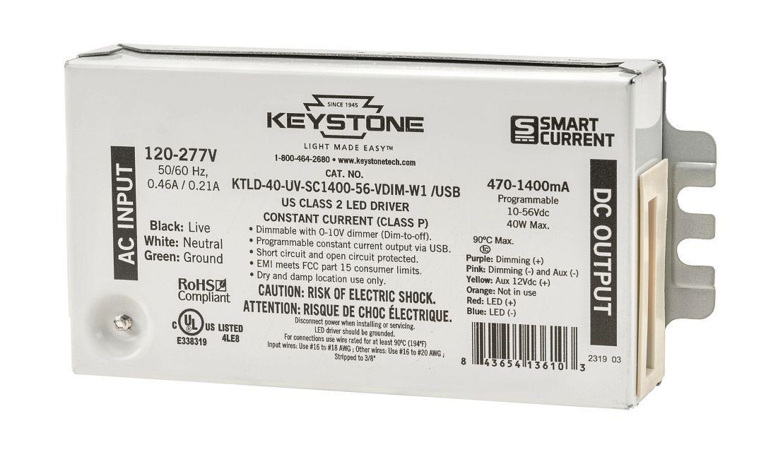 Keystone Technologies KTLD-40-UV-SC1400-56-VDIM-W1 /USB KTLD Constant Current LED Driver, 120 to 277 VAC Input, 40 W Power Rating, 5 in L x 2.38 in W - LED Drivers