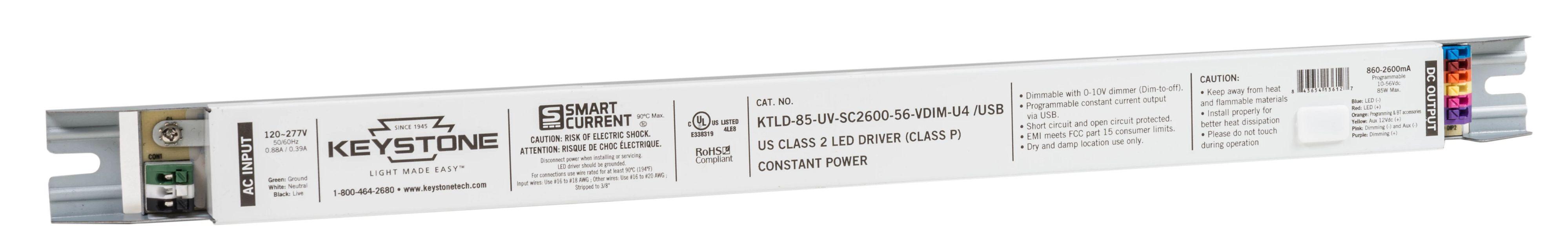 Keystone Technologies KTLD-85-UV-SC2600-56-VDIM-U4 /USB KTLD Constant Current LED Driver, 120 to 277 VAC Input, 85 W Power Rating, 16.89 in L x 1.18 in W - LED Drivers