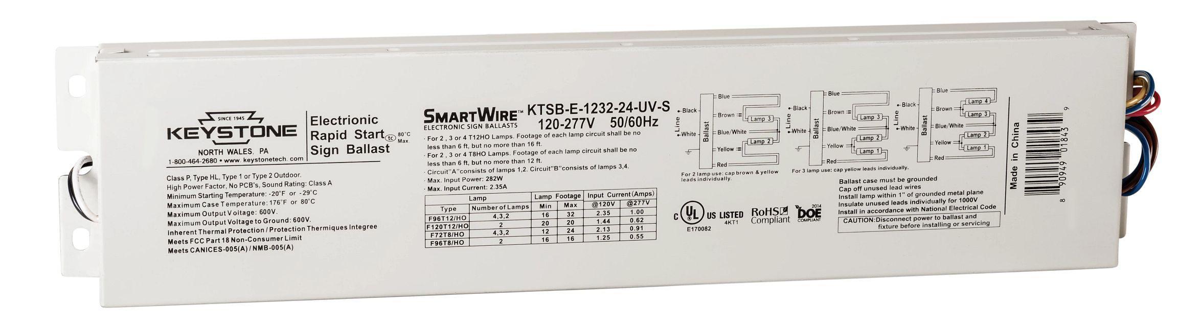 Keystone Technologies KTSB-E-1232-24-UV-S-IP Parallel Wiring Electronic Sign Ballast, T8HO/T12HO Lamp, 120 to 277 V, Programmed Rapid Start - Fluorescent Sign Ballasts