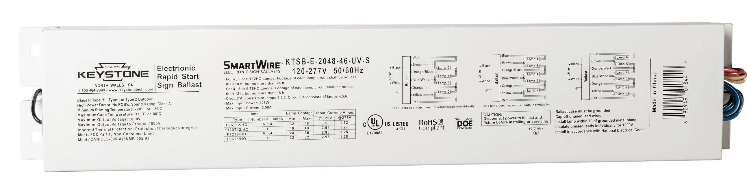 Keystone Technologies KTSB-E-2048-46-UV-S-IP Parallel Wiring Electronic Sign Ballast, T8HO/T12HO Lamp, 120 to 277 V, Programmed Rapid Start - Fluorescent Sign Ballasts