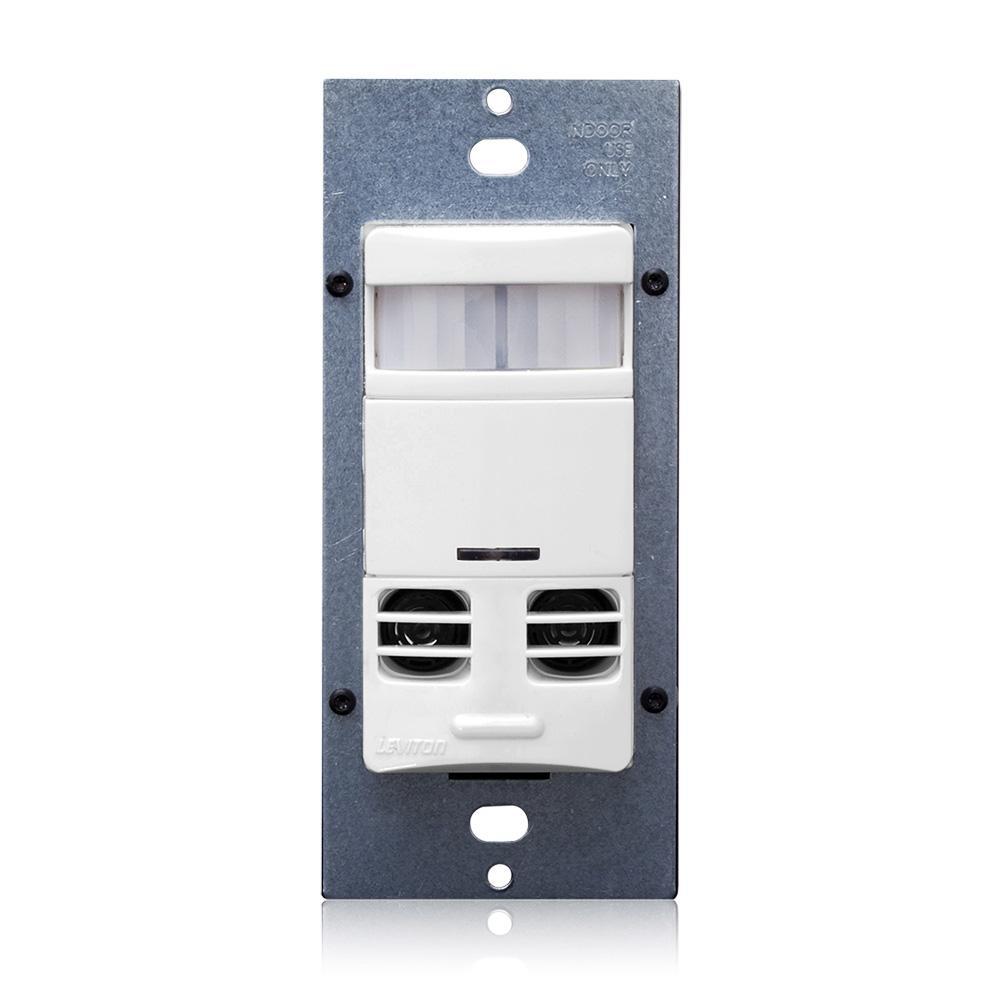 Leviton® Decora® OSSMT-GDW 1-Pole Field Configurable Self Adjusting Occupancy Sensor, 120/230/277/347 V AC, Multi-Technology/PIR/Ultrasonic Sensor, 2400 sq-ft Coverage, 180 deg Viewing - Wall Mount Occupancy Sensors